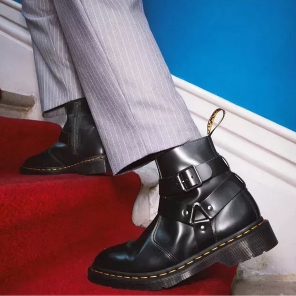 DR MARTENS CRISTOFOR BLACK LEATHER HARNESS LACE UP MOTO BOOTS NEW - Picture 3 of 16